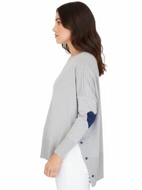 Mersea Women's Amour Sweater Gray Blue Hearts OS One Size Pullover Hi Low Boxy